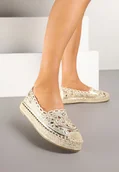 Espadryle damskie - Złote Płaskie Espadryle z Ażurową Cholewką Elearwen - miniaturka - grafika 1