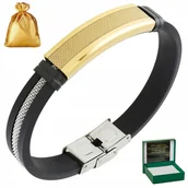Bransolety męskie - Bransoletka Męska Skórzana Złota / Czarna / Srebrna Regulowana + Dedykacja - miniaturka - grafika 1