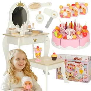 TOALETKA DLA DZIEWCZYNKI DREWNIANA Z LUSTREM TABORET AKCESORIA TORT LULILO - Zabawy w naśladowanie dorosłych - miniaturka - grafika 1
