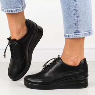 Czarne pu półbuty damskie na koturnie Sergio Leone pb228 - Półbuty damskie - miniaturka - grafika 1