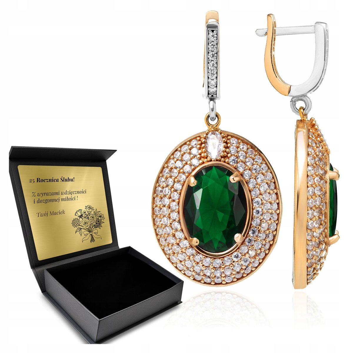 Kolczyki Srebrne 925 Cyrkonie I Szmaragd Biżuteria Dla Kobiety + Grawer