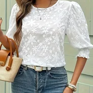 Koszule damskie - TEMU Elegancka bluzka damska z kwiatowym koronkowym rękawem - krótki top z okrągłym dekoltem 3/4, lekka koszula wiosenno-letnio-jesienna, biała i - miniaturka - grafika 1