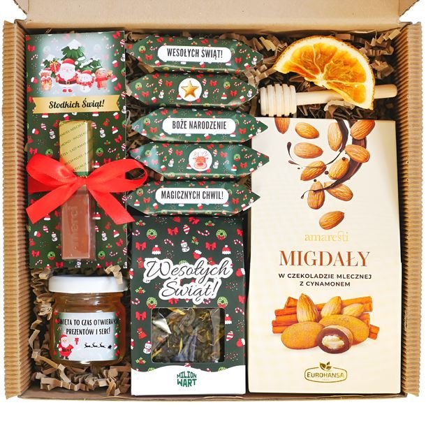 Prezent Świąteczny Migdały Herbata Miód Upominek Zestaw BOX