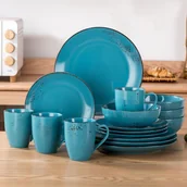 Inne - TEMU 16-częściowy serwis obiadowy z kamionki z motywem natryskowym, w skład którego wchodzą talerze obiadowe, talerze do sałatek, miski i kubki, - miniaturka - grafika 1