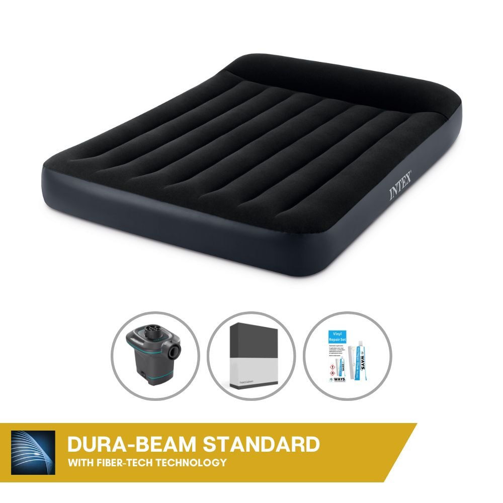 Łóżko dmuchane Intex - 2 osoby - 137 x 191 x 25 cm - czarne + pompka elektryczna Intex - 650 litrów/min + prześcieradło czarne + zestaw naprawczy