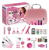 Zabawy w naśladowanie dorosłych - SALON FRYZJERSKO KOSMETYCZNY W KUFERKU MAŁY FRYZJER SUSZARKA PĘDZLE CIENIE - miniaturka - grafika 1