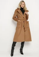 Płaszcze damskie - Brązowy Jednorzędowy Płaszcz o Długim Kroju Ozdobiony Paskiem Soleeti - miniaturka - grafika 1