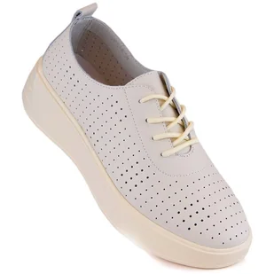 Skórzane półbuty damskie sznurowane ażurowe beżowe Sergio Leone SP018 beżowy - Półbuty damskie - miniaturka - grafika 1