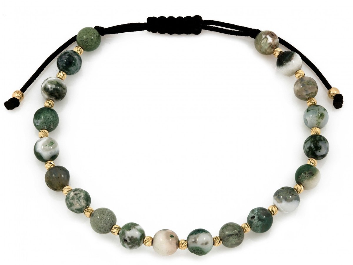 Bransoletka złota 585 14k 0.74g z zielonymi kamieniami na czarnym sznurku