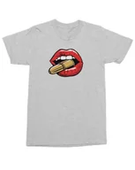 Koszulki i topy damskie - Koszulka z nadrukiem Usta i pocisk Stylowa Symbolika Przekaz Szara XL - miniaturka - grafika 1