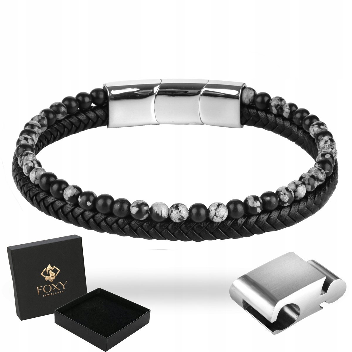 Bransoletka Męska ze Skóry Koraliki Regulowana Dla Chłopaka Taty Męża