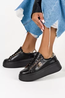 Sneakersy damskie - Czarne sneakersy skórzane damskie na platformie z ozdobą sznurowane PRODUKT POLSKI Casu DS-739 - grafika 1