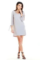 Sukienki - Szara Trapezowa Mini Sukienka z Kokardą przy Mankietach - miniaturka - grafika 1