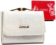 Portfele - Mały brokatowy portfel damski ze skóry naturalnej portmonetka na bigiel Lorenti, srebrny - miniaturka - grafika 1
