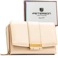 Portfele - Portfel damski lakierowany PETERSON mały portmonetka na zatrzask i suwak ochrona RFID rozbudowany na karty beżowy - miniaturka - grafika 1