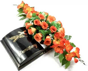 KSIĘGA na grób stroik RÓŻE pomarańczowe mieczyk KSIĄŻKA kompozycja - Sztuczne kwiaty - miniaturka - grafika 1