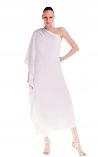 KAREN MILLEN ECRU SUKIENKA MIDI NA JEDNO RAMIĘ Z FALBANĄ 38 B1C