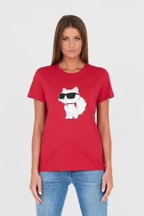 KARL LAGERFELD Czerwony t-shirt z kotem - Karl Lagerfeld - Koszulki i topy damskie - miniaturka - grafika 1