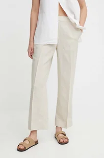 Calvin Klein spodnie z domieszką lnu kolor beżowy proste high waist K20K206695 - Spodnie damskie - miniaturka - grafika 1