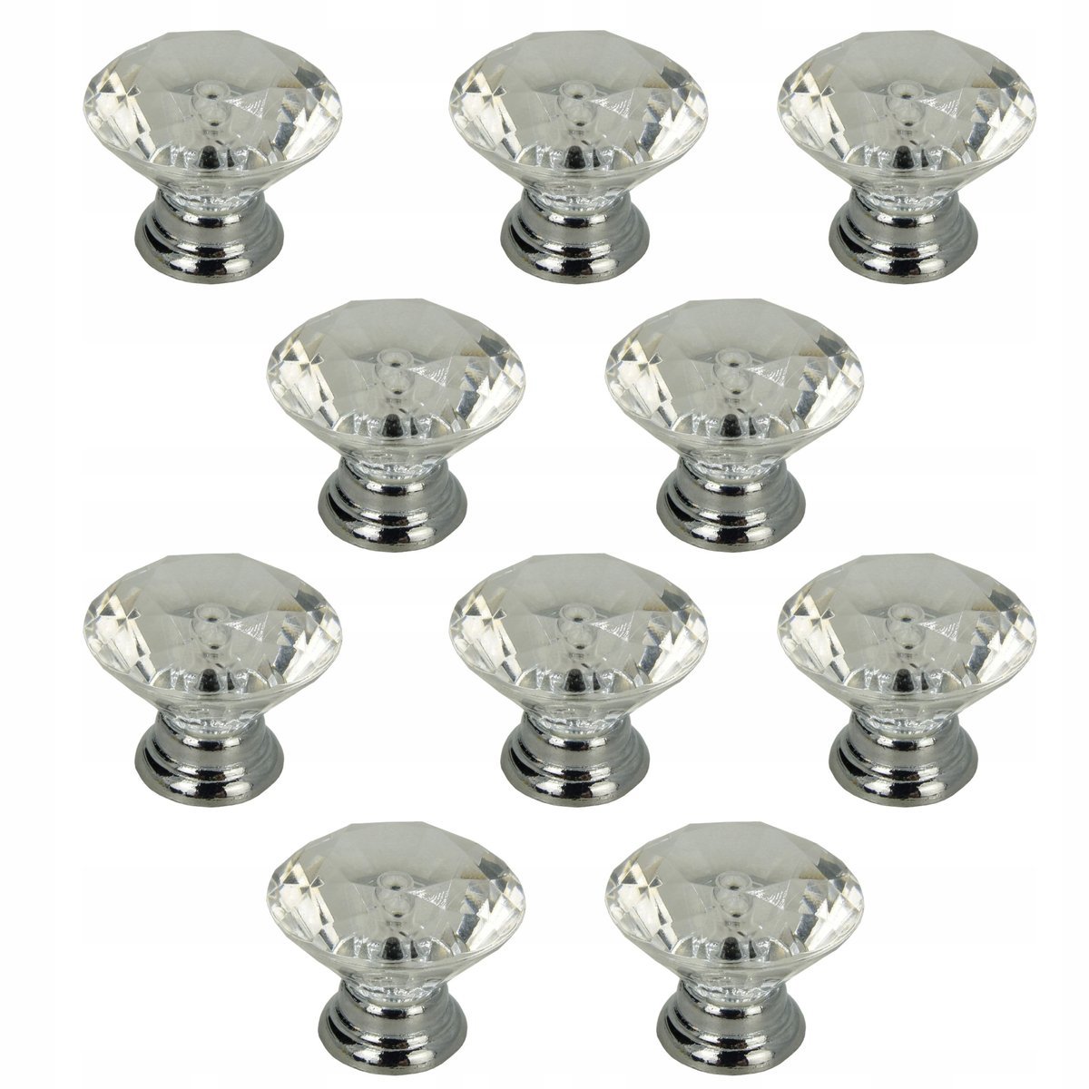 10 x Gałka meblowa okrągła Diament srebrna gałki do szuflad glamour
