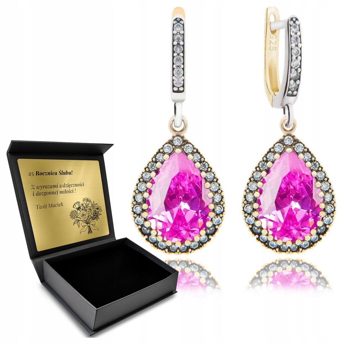 Kolczyki Srebrne 925 Z Cyrkoniami I Różowym Topazem Dla Kobiety + Grawer