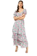 Sukienki - Little Mistress Damska sukienka Nicola z falbanką z kwiatowym nadrukiem, rozmiar 14 UK, wielokolorowa - miniaturka - grafika 1