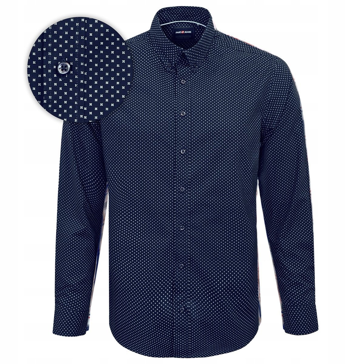 Koszula Męska z Długim Rękawem Granatowa z Wzorkiem Slim Fit Pako Jeans