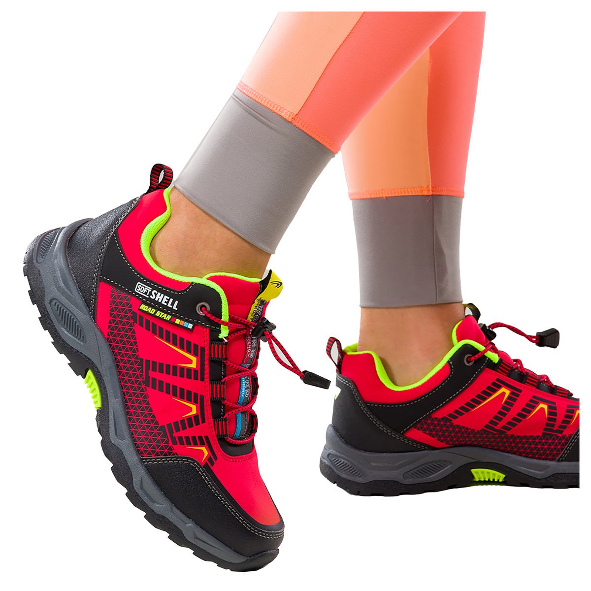Czerwone buty trekkingowe damskie buty sportowe na bieżnikowanej podeszwie z regulowaną elastyczną sznurówką czarne wstawki softshell Casu 2213-3W-36