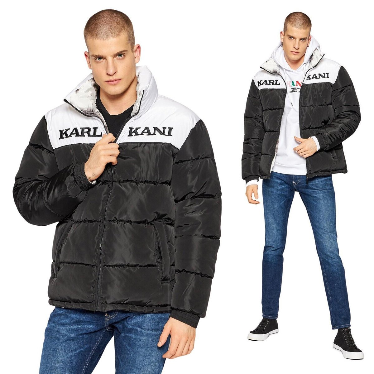 Kurtka Męska KARL KANI Zimowa Ocieplana Puchowa Retro Reversible Puffer Jacket Czarna/Biała Czarny XS