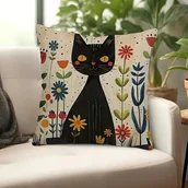 Poszewki na poduszki - Poszewka 45x45 czarny kot retro artystyczna rośliny kwiaty dla kociary boho - miniaturka - grafika 1