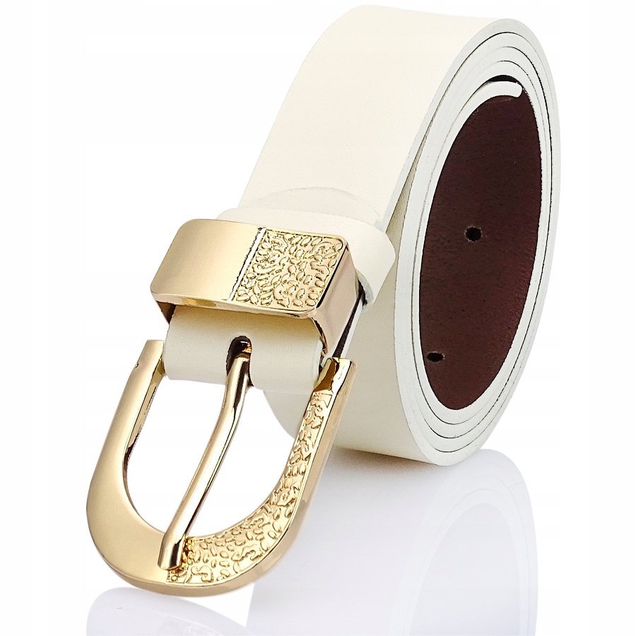 Pasek Damski Biały Skórzany Złota Klamra OZDOBNA Do Spodni GRACIO DŁUGI 130
