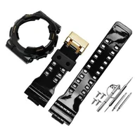 Akcesoria do smartwatchy - 2W1 opaska pasek + etui BEZEL do Casio G-SHOCK GA-100 GA-110 GD-100 G-8900 czarna glossy (złoty napis; złota klamra) - miniaturka - grafika 1