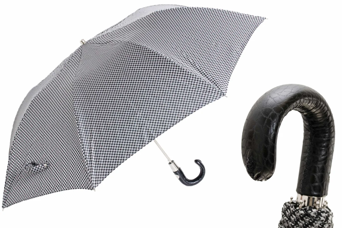 PARASOL SKŁADANY PIED DE POULE Z RĄCZKĄ SKÓRZANĄ Luksusowy Parasol 