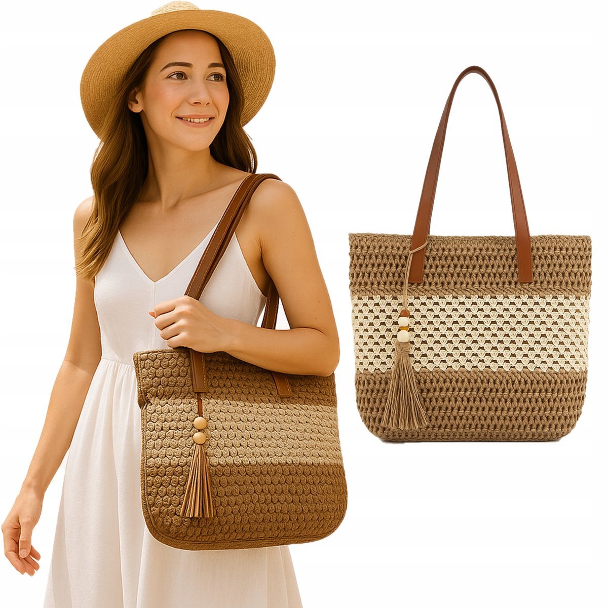 TORBA PLAŻOWA BOHO SŁOMIANA MIEJSKA SHOPPERKA NA PLAŻĘ NA ZAKUPY DUŻA