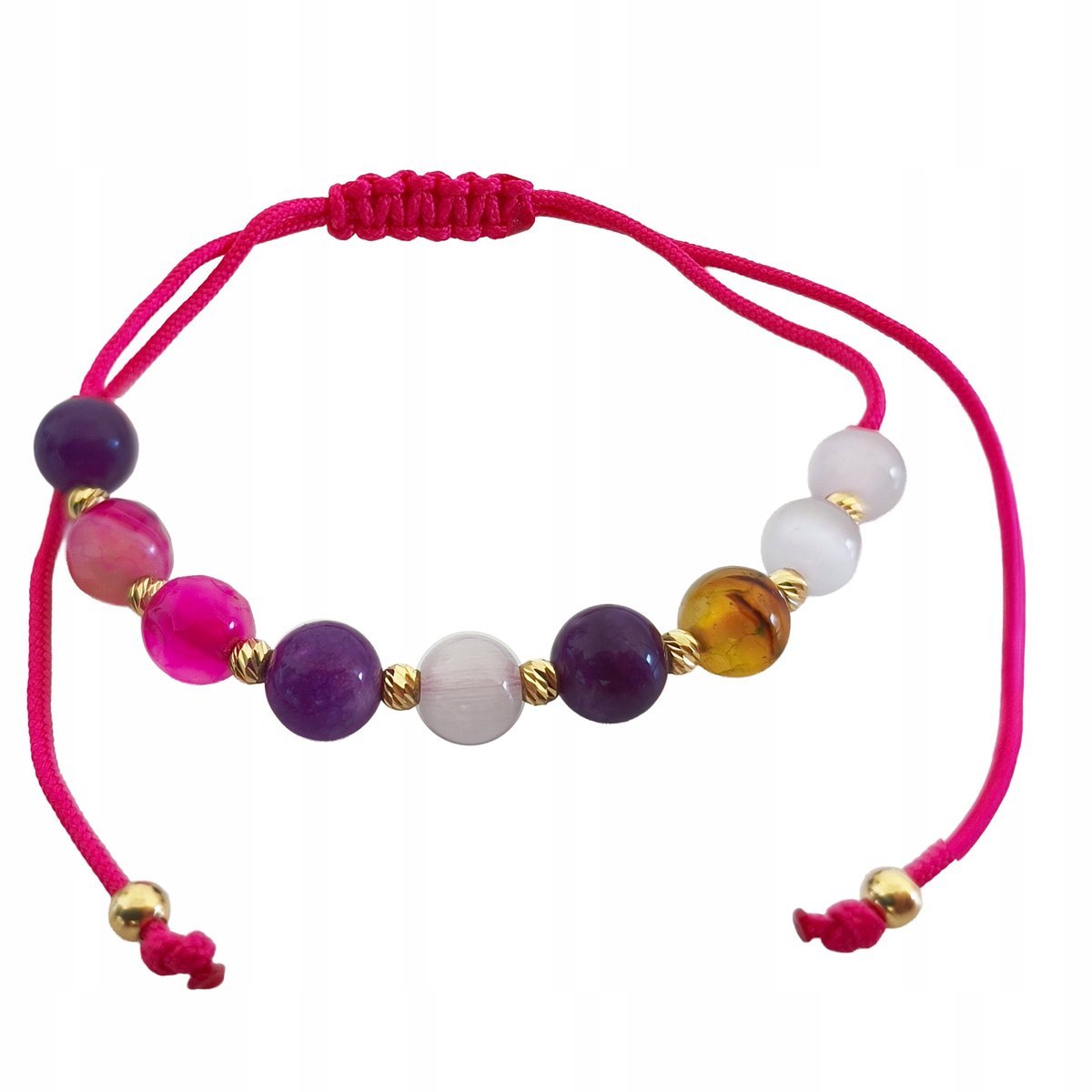 Złota sznurkowa bransoletka 585 różowy sznurek z dużymi kuleczkami