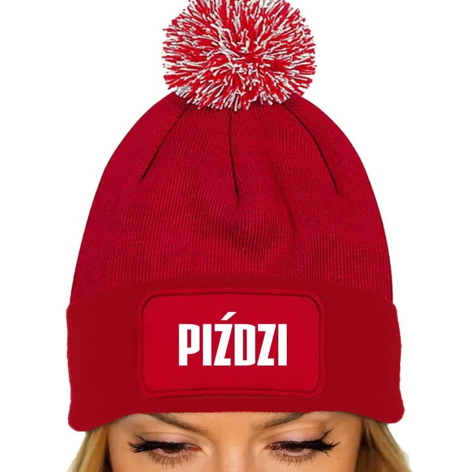 Czerwona Czapka Zimowa Z Pomponem PIŹDZI Ciepła Na Prezent Wzory