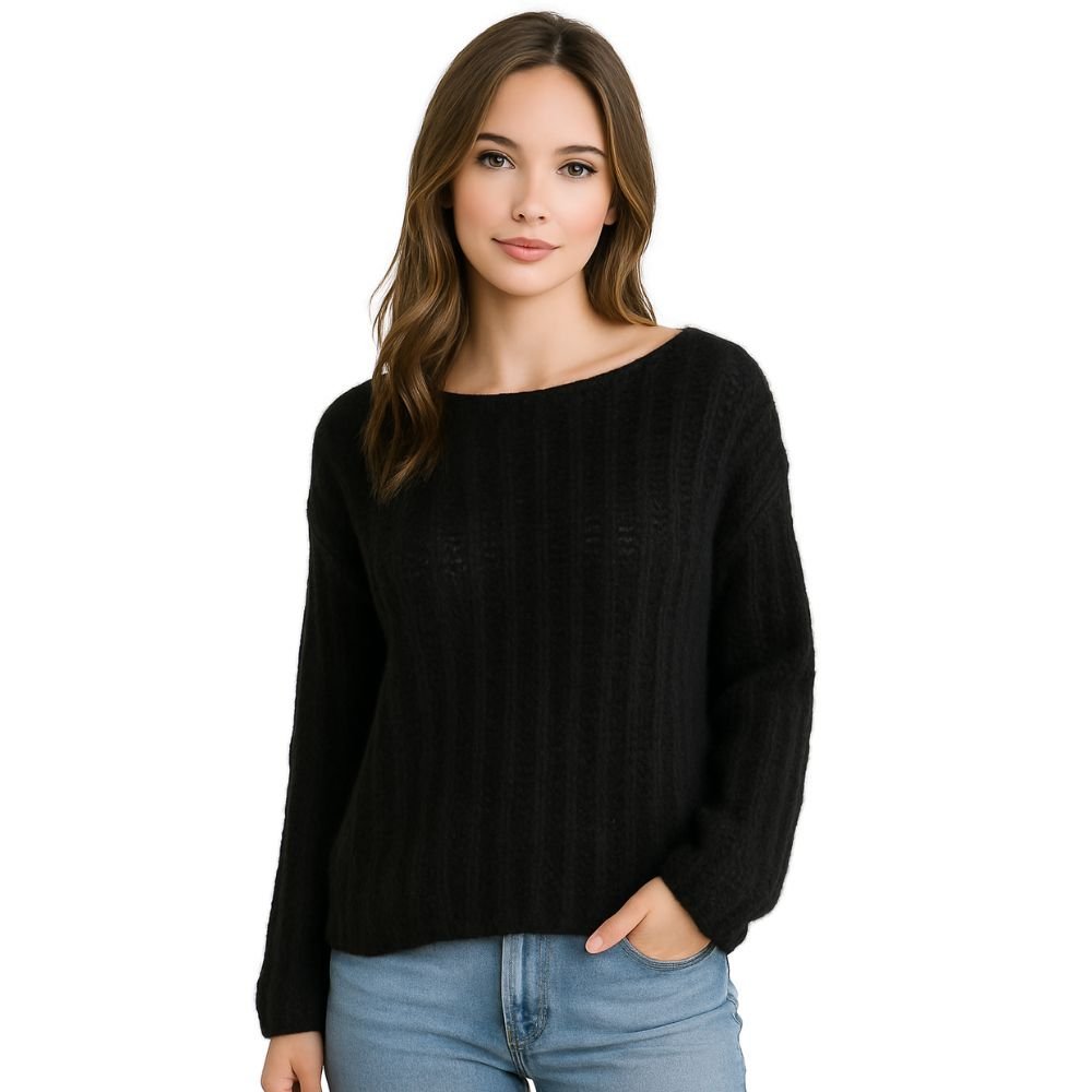 Sweter Damski z Luźnym Splotem Włoski Czarny