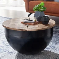 Ławy i stoliki kawowe - WOHNLING stolik kawowy mango lite drewno metal 60x34x60 cm styl industrialny okrągły, designerski stolik do salonu z miejscem do przechowywania, nowoczesny stolik do salonu sofa stolik czarny - miniaturka - grafika 1