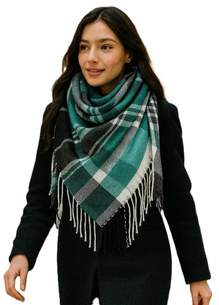 Chusta Damska Bawełniana KRATA Ciepła Duża 140x140 REC-75-4 Turkus