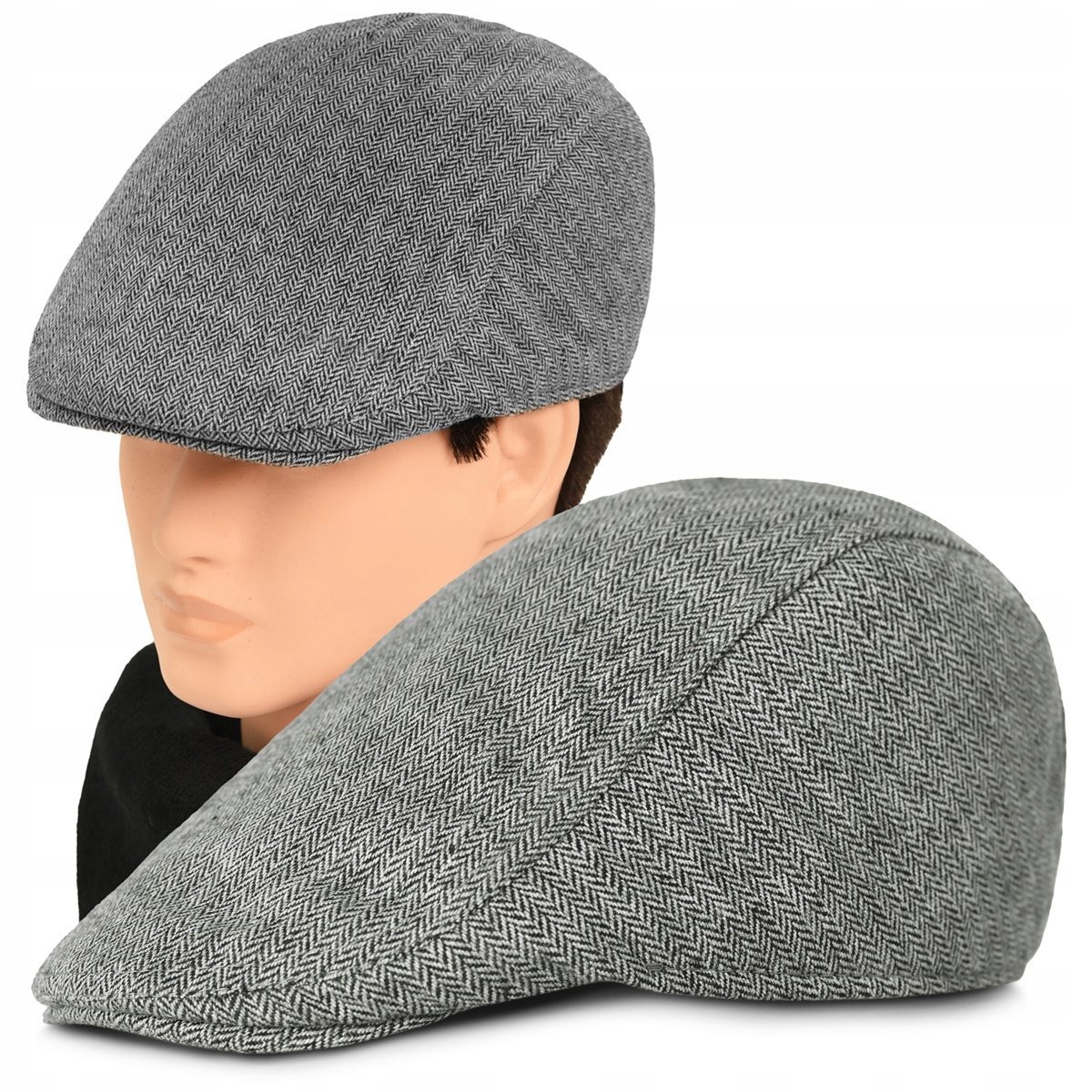 Kaszkiet Męski Zimowy Ocieplany Elegancka Czapka w Jodełkę z Wełną