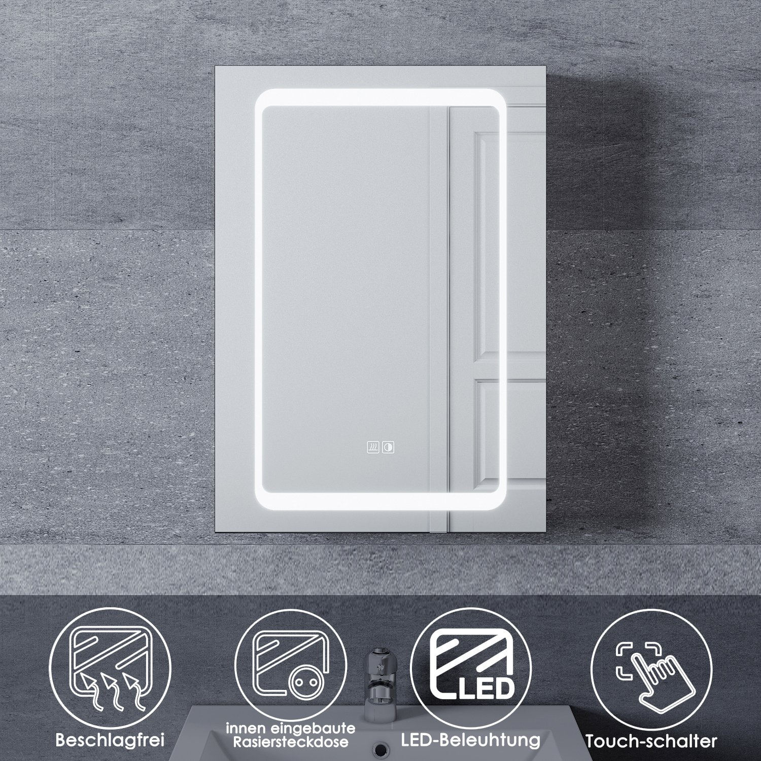 SONNI szafka łazienkowa z lustrem Szafka łazienkowa z lustrem z oświetleniem 50 × 70 cm bezmgielna szafka łazienkowa z lustrem z dotykiem i gniazdkiem Szafki łazienkowe z lustrem z aluminium