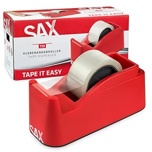 SAX Tape it Easy XXL jednoręczny dozownik taśmy klejącej, bardzo ciężki | do 1 taśmy 50 mm lub 2 x 25 mm, dozownik taśmy z funkcją uchwytu na długopisy, antypoślizgowy, w zestawie z dwustronnym - Długopisy - miniaturka - grafika 1