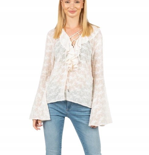 GUESS BIAŁA BLUZKA Z WIĄZANIEM FALBANAMI I DŁUGIM RĘKAWEM L GXA