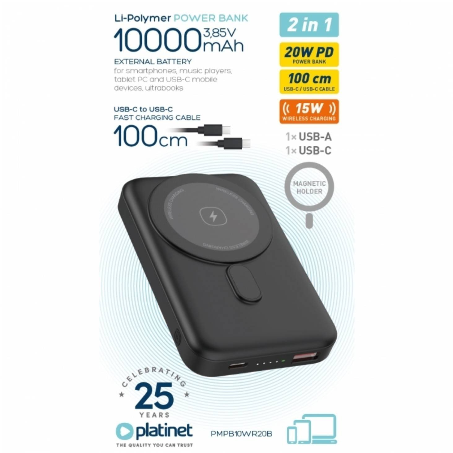 PLATINET POWER BANK 10000 mAh 20W PD 15W WIRELESS CHARGING MAGNETIC [46016]