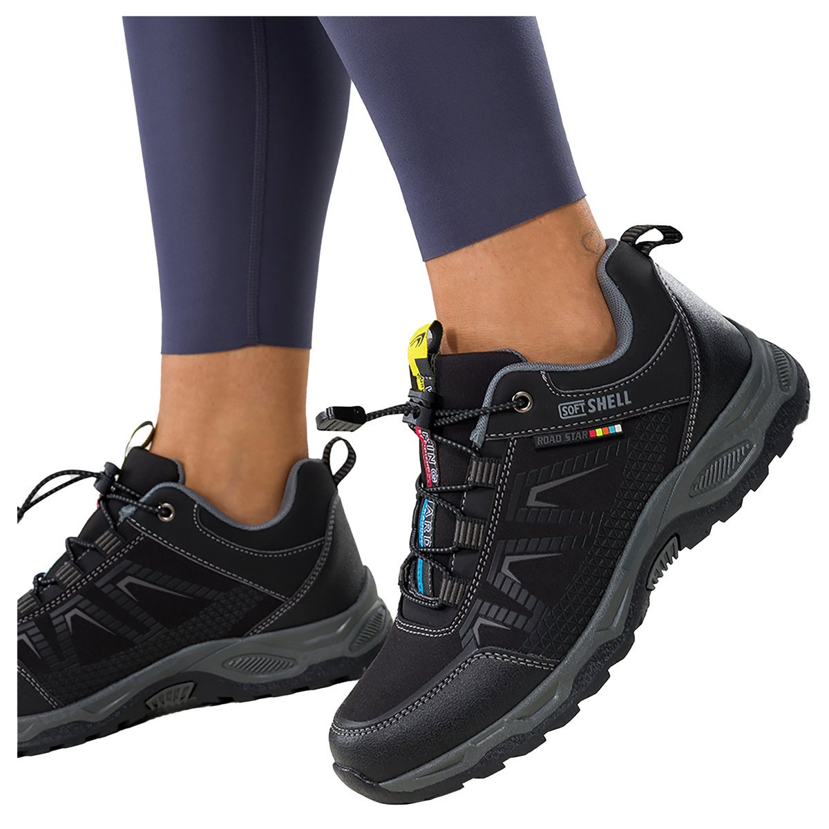 Czarne buty trekkingowe damskie buty sportowe na bieżnikowanej podeszwie z regulowaną elastyczną sznurówką szare wstawki softshell Casu 2213-1W-41