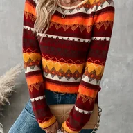 Swetry damskie - TEMU Damski elegancki sweter geometryczny - Przytulny długi rękaw, okrągły dekolt, kolorowy design w czerwieni, pomarańczy i czerni, idealny na - miniaturka - grafika 1