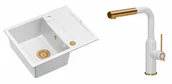 Zlewozmywaki z baterią - Quadron Unique Zlewozmywak granitowy jednokomorowy 62*50*22 cm z ociekaczem MORGAN 116 SNOW WHITE z syfonem Push-2-Open w kolorze miedzianym z baterią ANGELINA Q LINE SNOW WHITE z wyciąganą wylewką kolor biały mat/wykończenie miedź - miniaturka - grafika 1