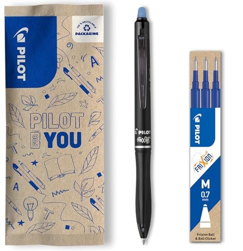PILOT Zestaw 1 szt. FriXion Ball 07 Plus + 1 zestaw 3 wkładów - ścieralny długopis kulkowy, chowany i wielokrotnego napełniania, wykonany z tworzywa sztucznego pochodzącego z recyklingu, niebieski,