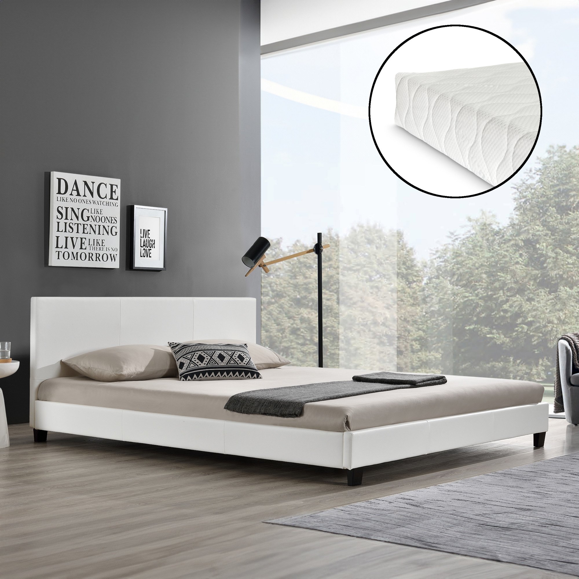 Designerskie łóżko tapicerowane + materac 180 x 200 cm ze sztucznej skóry białe łóżko podwójne CORIUM