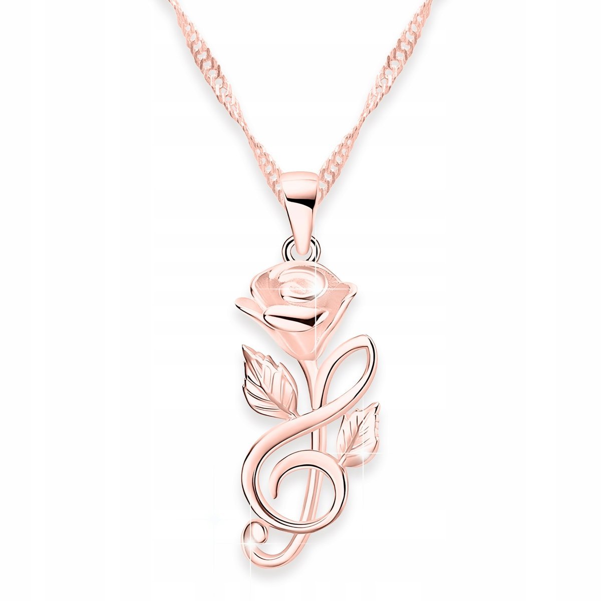 Naszyjnik Pozłacany z Różą Klucz Wiolinowy Kwiatek Kwiat Róża SREBRO 925